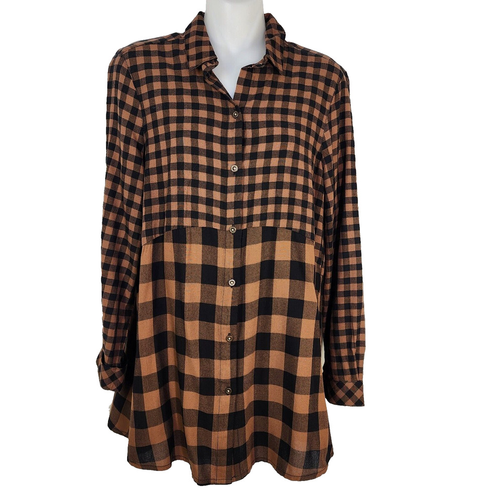 Beach Lunch Lounge Womens Tunic Top Small Buffalo Check Plaid Long Sleeve Button